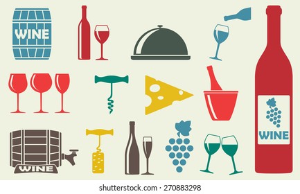 Wine icons set: bottle, opener, glass, grape, barrel. Design elements for restaurant, food and drink. Colorful vector illustration in flat style.