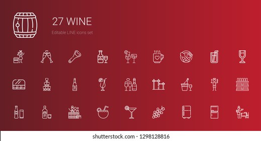 wine icons set. Collection of wine with fridge, grape, cocktail, barrel, vodka, beverage, champagne, bar, food and restaurant, food, drink, cocktails. Editable and scalable wine icons.