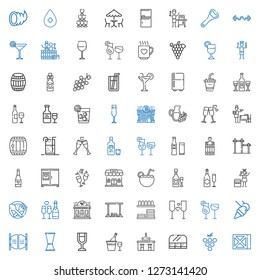 wine icons set. Collection of wine with grape, food and restaurant, bar, champagne, wine glass, jigger, cocktails, dinnerware, restaurant, food. Editable and scalable wine icons.