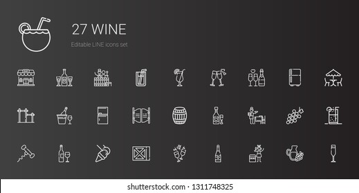 wine icons set. Collection of wine with portable fridge, champagne, food and restaurant, wine bottle, corkscrew, setting the table, barrel, bar. Editable and scalable icons.