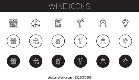 wine icons set. Collection of wine with restaurant, picnic, fish food, cocktail, toast. Editable and scalable wine icons.