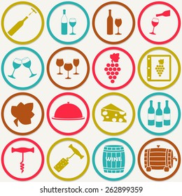 Wine icons set. Design elements for restaurant, food and drink. Colorful vector illustration.