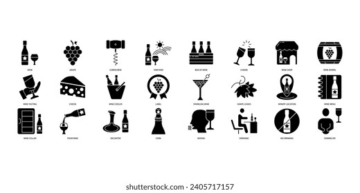 Iconos de vino. Conjunto de iconos de trazo editables.Conjunto de vectores de vino