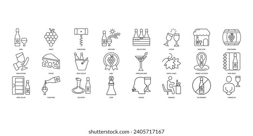 Wine icons set. Set of editable stroke icons.Vector set of Wine