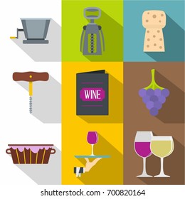 Wine icons set. Flat set of 9 wine vector icons for web with long shadow