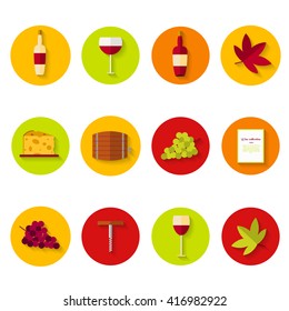 Wine icons set in flat style on circles with shadow. Vector illustration. Bottles and wineglasses, grapes and cheese