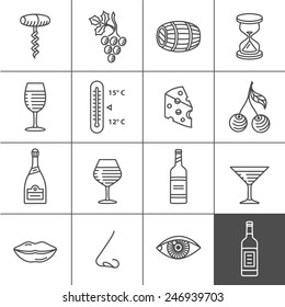Wine icons set - procurement, storage, cellar rotation and tasting. Vector icons for wine labels. Simple lines series