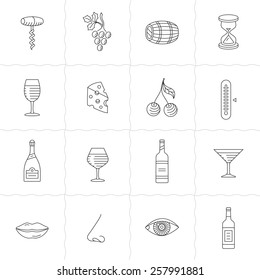 Wine icons set - procurement, storage, cellar rotation and tasting. Vector icons for wine labels. Simple outlined icons. Linear style