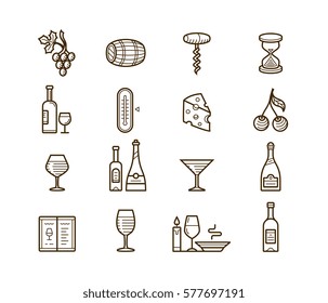 Wine icons set. Procurement and storage wine. Wine cellar rotation and tasting. Vector icons for wine labels