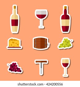 Wine icons set stickers in flat style. Vector illustration. Bottles and wineglasses, grapes and cheese