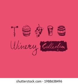 Weinsymbole in Vektorgrafik eingestellt. Handgezeichnete Illustrationen für das Kellerzeichen, Weinladen, Alkoholgeschäft, Vektorgrafik-Logo-Vorlagen, Biodynamische Weine, Weinfestival, Weinbar-Zeichen. Weinkork, Oktave, Traube, Stopfen