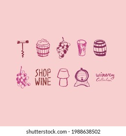 Wine icons set in vector. Hand drawn illustrations for winery sign,  wine shop, alcohol store, vector logo templates, biodynamic wines, grape festival, wine bar sign. Wine cork, octave, grape, stopper