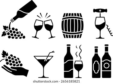 Weinsymbole gesetzt. Vektorgrafik auf schwarz auf weißem Hintergrund