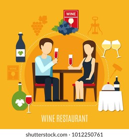 Wine icons and young couple drinking at restaurant on yellow background flat vector illustration