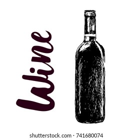 Wine illustration. Winemaking products in sketch style. Vector illustration on black background. with wine bottle. Classical alcoholic drink. Design For web, info graphics.