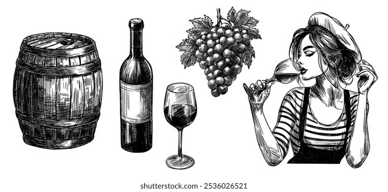 wine illustrations set collection isolated on white background hand drawn sketch ink line art element with woman holding glass bottle wooden barrel grapes bunch for winemaking leisure design