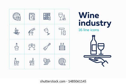 Wine industry icons. Set of line icons on white background. Wine storage, champagne, corkscrew. Alcoholic drinks concept. Vector can be used for topics like winery, restaurant, beverage