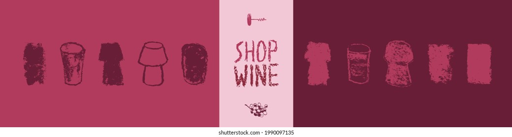 Wine industry icons set. Winemaking hand drawn illustrations for winery symbol, wine shop, alcohol store, vector logo templates, biodynamic wines, wine bar sign. Bottle screw, octave, grape, stopper.
