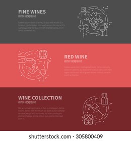 Wine industry template with different stages of winemaking process. Wine elements and design. Line style vector.
