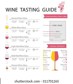 Wine infographics with food pairing, bottle and glass type, wine types and colours.