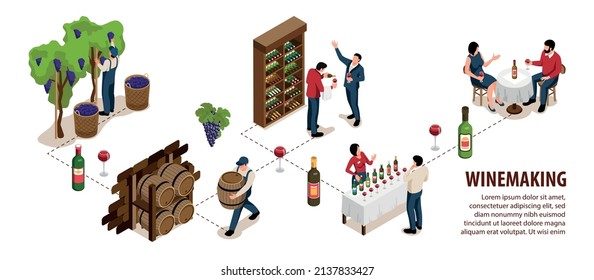 Wine isometric infographic set with wine manufacture and tasting symbols vector illustration