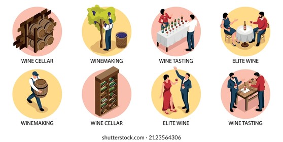Wine isometric round set with wine cellar symbols isolated vector illustration