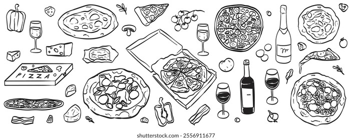 Wine and italian pizza vector Illustrations for invitations, pizzeria or cafe menus and parties. Hand drawn crayon food illustration. Sketch style lunch or dinner icons. La dolce vita italian style.