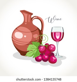 Wine jar with grape branch and wineglass wit red wine vector illustration