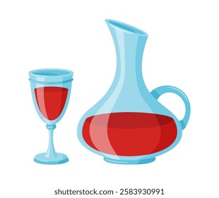 Wine jar and wineglass with red wine Hand drawn trendy flat style isolated icon. Vector illustration