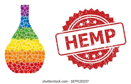 Wine jug collage icon of round dots in different sizes and spectrum colored color tints, and Hemp dirty rosette seal print. A dotted LGBT-colored Wine jug for lesbians, gays, transgenders,