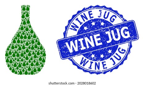 Wine Jug textured round stamp seal and vector recursive mosaic wine jug. Blue stamp seal has Wine Jug caption inside round shape. Vector mosaic is created from random wine jug pictograms.