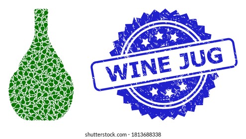 Wine Jug unclean stamp and vector fractal collage wine jug. Blue stamp includes Wine Jug title inside rosette. Vector collage is created of random rotated wine jug icons.