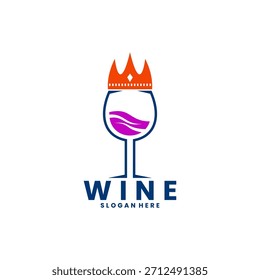Ícone de design do logotipo Wine king. Combinação de vinho de óculos com vetor de design de logotipo coroa. Modelo de vetor de design de logotipo de vinho