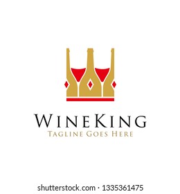 wine king logo design vector illustration. wine bottle and glasses icon as crown concept design. beverage logo, bar, cafe restaurant symbol icon 