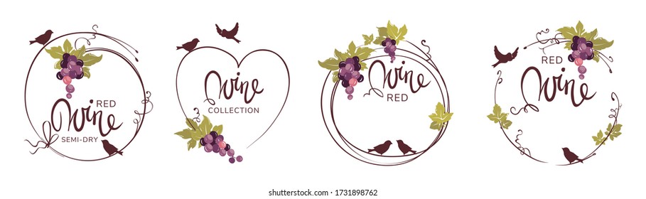 Wine label with birds and grapes / Set vector illustration, floral design element