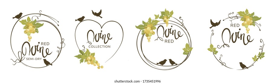 Wine label with birds and grapes / Set vector illustration, floral design element for white wine