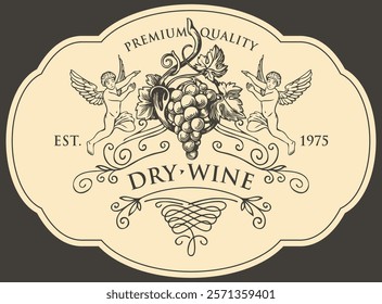 Wine label with a bunch of grapes, angels and calligraphic inscription in retro style. Vector hand-drawn label on a light background