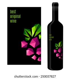 Wine label with bunch of grapes and bottle of wine with this label. Vector illustration