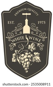 Wine label with a bunch of grapes, bottle with corkscrew and inscriptions in retro style. Vector hand-drawn label with curlicues on black background