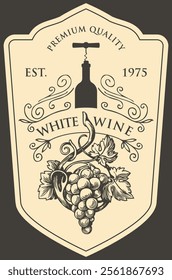 Wine label with a bunch of grapes, bottle with corkscrew and inscriptions in retro style. Vector hand-drawn label with curlicues on white background