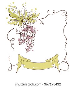 Wine label with a bunch of grapes and ribbon, vector illustration.