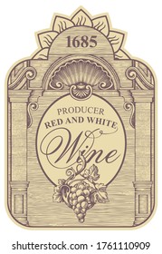 Wine label with a bunch of grapes, a seashell and inscriptions in a figured frame. Vector ornate hand-drawn label in vintage style