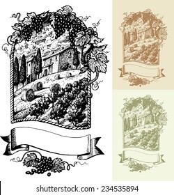 Wine label in the decorative frame. The traditional landscape with farm and vineyard. Vector illustration.