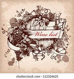 Wine label design with grapes and keg.