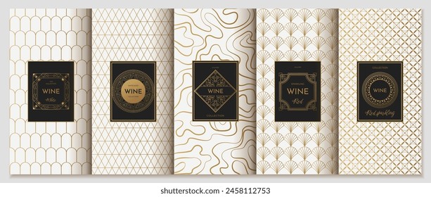 Wine label design. Luxury product sticker. Modern ornate background. Jewelry ornament. Golden pattern. Product box. Gold package frame with logo. Vector packaging decoration templates set