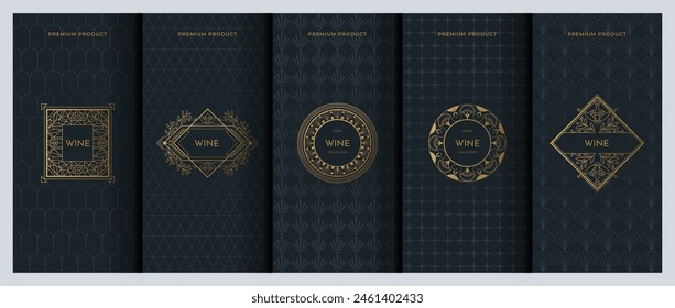 Wine label design. Premium product sticker. Jewelry ornament. Modern luxury background. Gold box package. Floral art deco frame with drink logo. Vector packaging decoration templates set