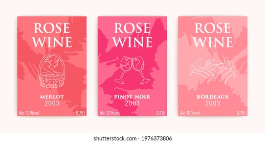 Wine label design. Three saturated rose shades. Minimalistic composition of liquid splash spots. Contemporary outline art. Vector cards