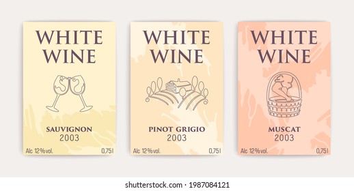 Wine Label Design. Three Saturated White Shades. Minimalistic Composition Of Liquid Splash Spots. Contemporary Outline Art. Vector Cards