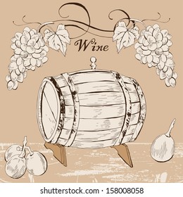 Wine label with grapes and wine barrel