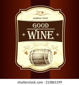 Wine label with grapes.  Wine menu. oak barrel